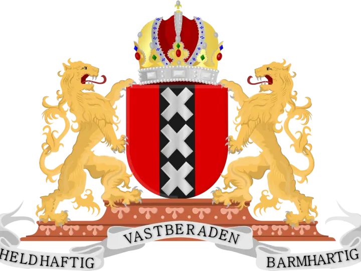 Herb Amsterdamu: dwa lwy podtrzymują tarczę z trzema krzyżami i koroną. Flaga amsterdamu symbolizuje odwagę i determinację.