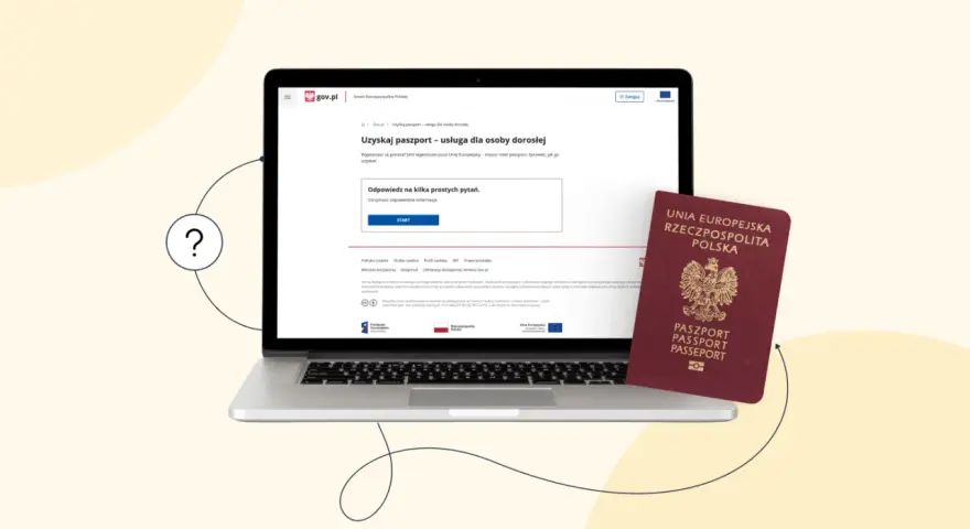 Czy do Grecji potrzebny jest paszport? Na laptopie widać stronę gov.pl z informacją o uzyskaniu paszportu. Obok leży polski paszport.